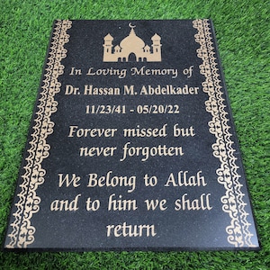 Engraved Black Granite Islamic Grave Marker - Mosque Design