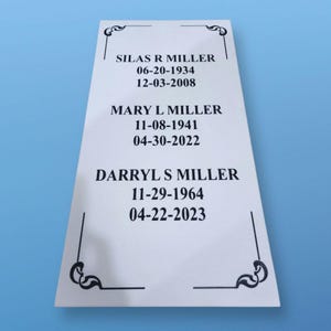 White Vertical Memorial Grave Marker Black Engraved Flat Headstone Tombstone Cemetery Plaque Personalized Customizable