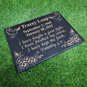 Engraved Black Granite Grave Marker: Dogwood, Doves, Angels