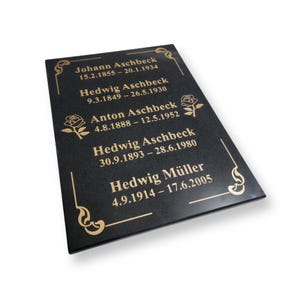 Vertical five persons black granite memorial grave plaque, personalized headstone, engraved tombstone for cemetery, customizable marker