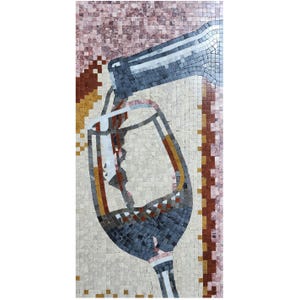 May include: A rectangular stone mosaic artwork depicting a wine bottle pouring red wine into a stemmed glass. The image is composed of small, square-cut tiles in shades of cream, dark gray, deep red, and brown, creating a textured, pixelated effect.