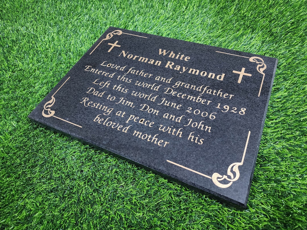 Memorial Black Granite Grave Headstone Engraved Plaque Cross Motif
