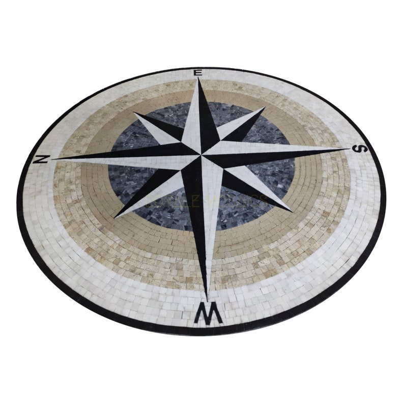 Marble Compass Rose Mosaic Art - Handmade Nautical Star Inlay Luxury ...
