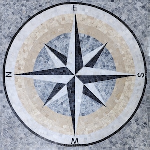 Handmade Marble Mosaic: Nautical Square Compass Rose With NSEW Cardinal Points, Customizable Stone Art