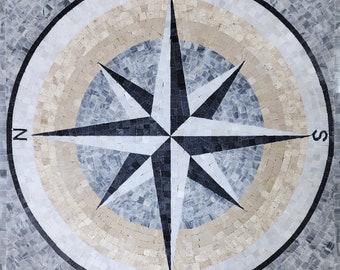 Square Compass Nautical Marble Mosaic With NSEW Cardinals Grey Round Star Art for Walls Floors & Tabletops, Handmade Stone Rug, Customizable