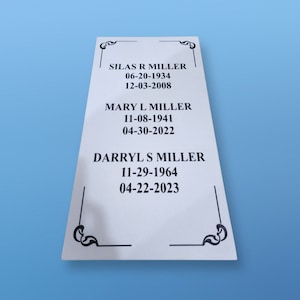 White Vertical Memorial Grave Marker Black Engraved Flat Headstone Tombstone Cemetery Plaque Personalized Customizable