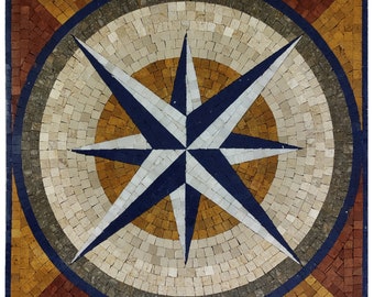 Square Compass Nautical Marble Mosaic With Blue Crystal Marble Star Rose Art for Walls Floors & Tabletops, Handmade Stone Rug, Customizable