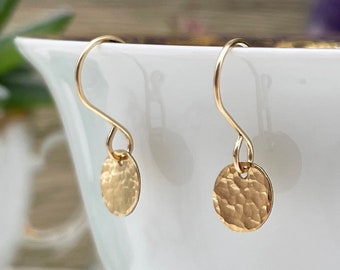 Small Minimalist Hammered Disk Earrings - 14k Gold Filled