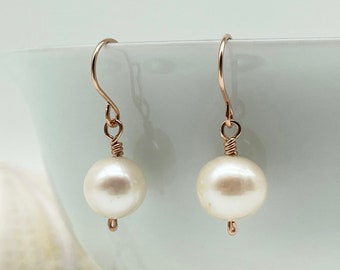 Pearl Drop Earrings - 14k Rose Gold Filled or Sterling Silver - White 10mm Potato Pearls - Simple Pearl Earrings