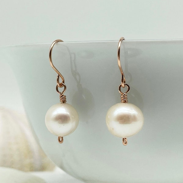 Pearl Drop Earrings - 14k Rose Gold Filled or Sterling Silver - White 10mm Potato Pearls - Simple Pearl Earrings