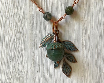 Acorn and Leaf Necklace - Copper and Moss Agate - Verdigris Green - Autumn and Winter Jewelry