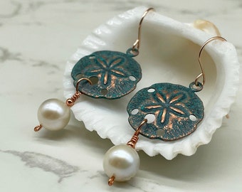 Copper Sand Dollar Pearl Earrings - 14k Rose Gold Filled Ear Wires - Genuine Freshwater Pearls