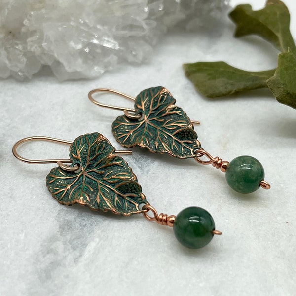 Green Copper Leaf and Moss Agate Earrings - 14k Rose Gold Filled Ear Wires