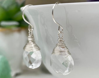 Clear Crystal Quartz Earrings - Wire Wrapped Faceted Wide Pear Drop Briolette Earrings in 925 Sterling Silver