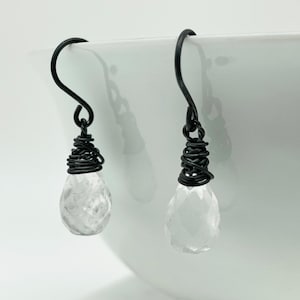 Clear Crystal Quartz Wire Wrapped Teardrop Earrings - Oxidized Sterling Silver