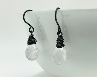 Clear Crystal Quartz Wire Wrapped Teardrop Earrings - Oxidized Sterling Silver