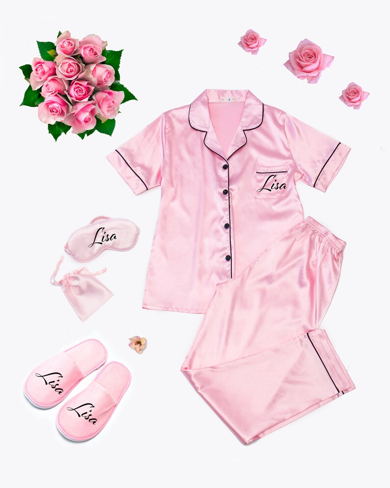 Bridal Satin Pajama Set Short Sleeves Long Pants Etsy