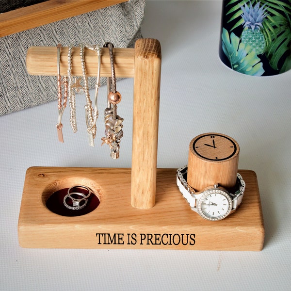 Jewellery stand with watch and ring dish. Bracelet display. Personalised gift for her, oak handmade. Anniversary present.