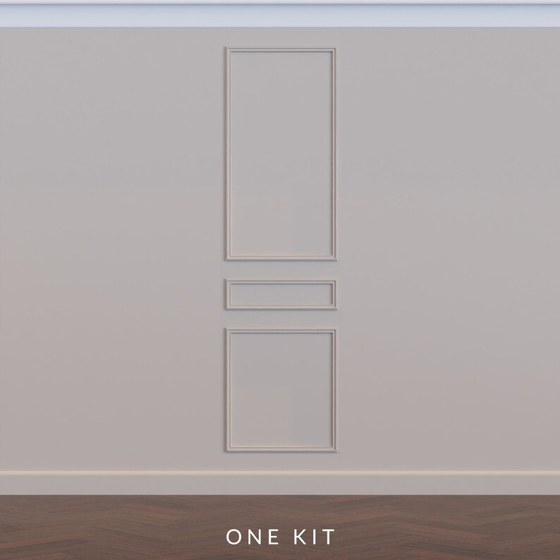 Puede incluir: Una pared blanca con un kit de molduras decorativas que incluye tres marcos rectangulares. La moldura es un dise&ntilde;o simple y cl&aacute;sico con un borde elevado. La pared est&aacute; pintada de un color beige claro. La moldura es de color blanco claro. El texto "ONE KIT" est&aacute; impreso en el suelo delante de la pared.
