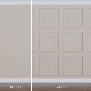 K&ouml;nnte beinhalten: Vorher-Nachher-Bild, das eine einfache Wand links und eine Wand mit einem dekorativen Paneeldesign rechts zeigt. Die Verkleidung besteht aus neun quadratischen Paneelen mit einem erh&ouml;hten Rand.