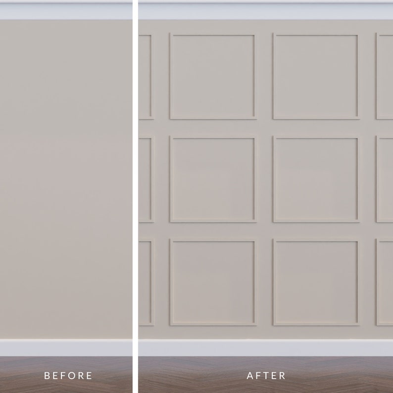 K&ouml;nnte beinhalten: Vorher-Nachher-Bild, das eine einfache Wand links und eine Wand mit einem dekorativen Paneeldesign rechts zeigt. Die Verkleidung besteht aus neun quadratischen Paneelen mit einem erh&ouml;hten Rand.