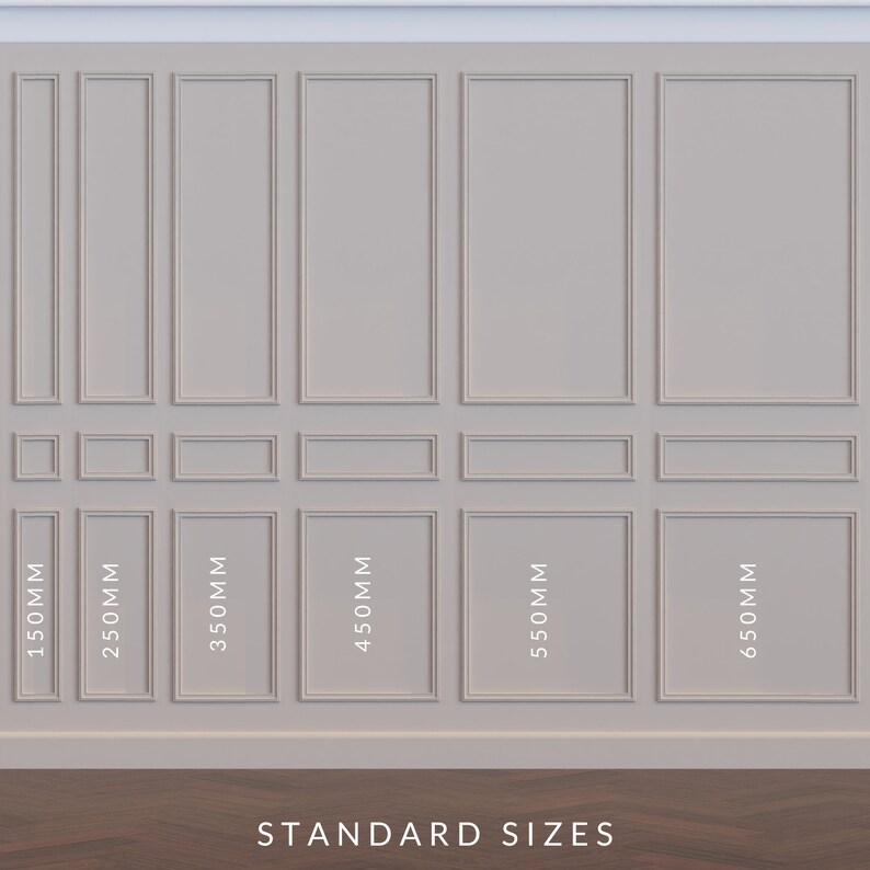 Puede incluir: Una pared con una variedad de tama&ntilde;os est&aacute;ndar de molduras de panel de pared. Las molduras son blancas y tienen un borde elevado. Los tama&ntilde;os est&aacute;n etiquetados en mil&iacute;metros: 150 mm, 250 mm, 350 mm, 450 mm, 550 mm y 650 mm. El texto "TAMA&Ntilde;OS EST&Aacute;NDAR" est&aacute; impreso debajo de las molduras.