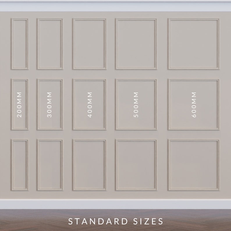 K&ouml;nnte beinhalten: Eine Wand mit neun gerahmten Quadraten, die verschiedene Standardgr&ouml;&szlig;en in Millimetern zeigen: 200 mm, 300 mm, 400 mm, 500 mm und 600 mm. Der Text "STANDARDGR&Ouml;SSEN" befindet sich am unteren Rand des Bildes.
