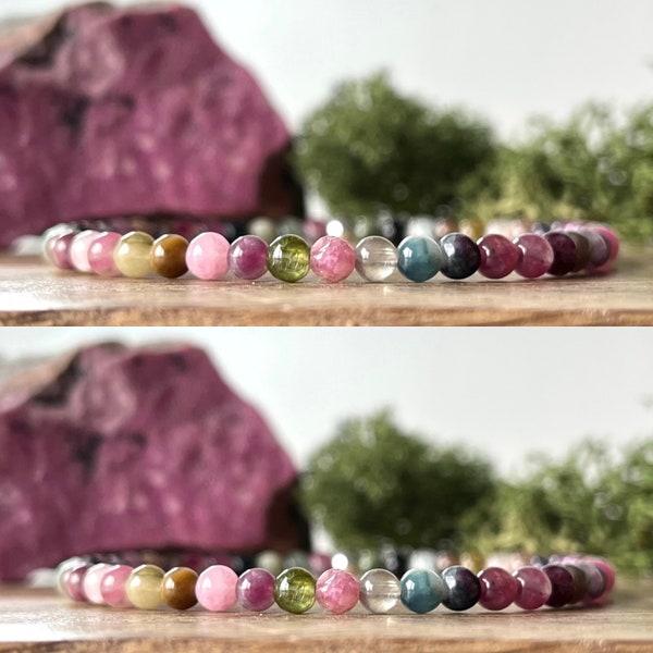 Rainbow Tourmaline Bracelet 4mm Bead Mixed Natural Tourmaline Colours Crystal Healing Chakra Cleansing