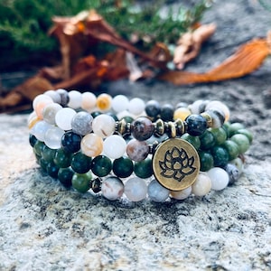 Fortune Mala Bracelet 108 Beads Prayer Beads Crystal Healing Jade and Lucky Bamboo Leaf Agate Gemstone Meditation Japa Mala
