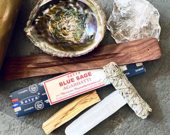 Cleansing Set Crystal Abalone Smudging Shell Sage Smudge Palo Santo Selenite Quartz Incense Gift