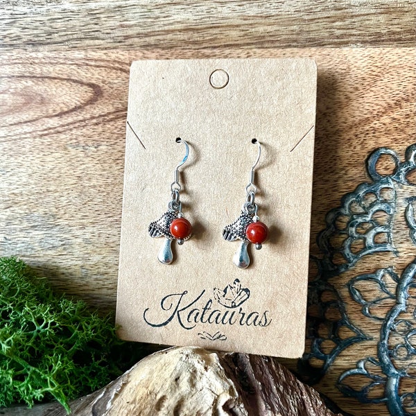 Red Jasper Mushroom Earrings Natural Gemstone Crystal Healing GROUNDING