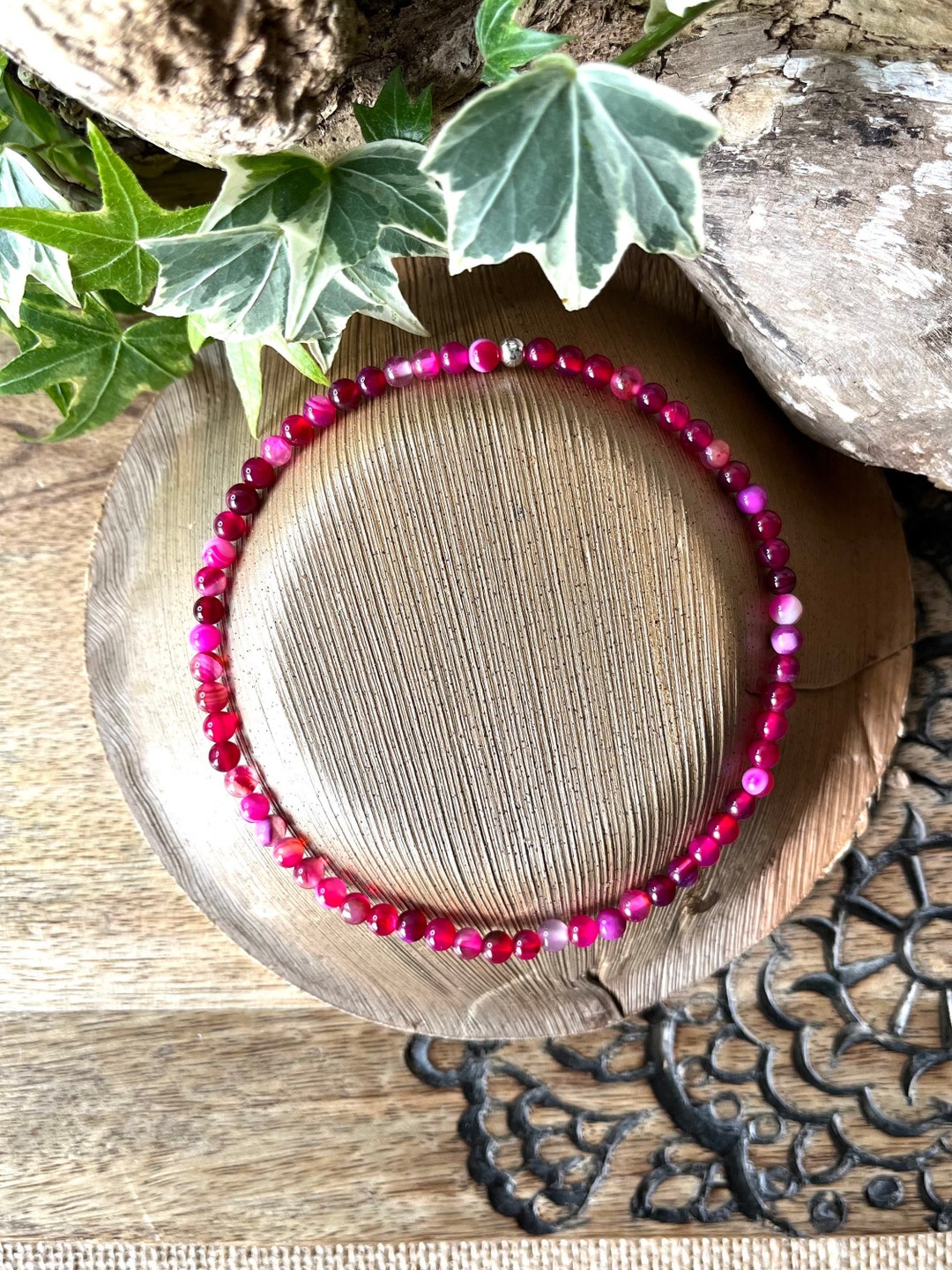 Pink Agate Anklet Gemstone Beaded Ankle Bracelet Crystal Healing 925 ...