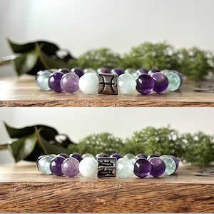 Pisces Crystal Zodiac Bracelet Gemstone Healing Amethyst Aquamarine Fluorite Horoscope Birthstone