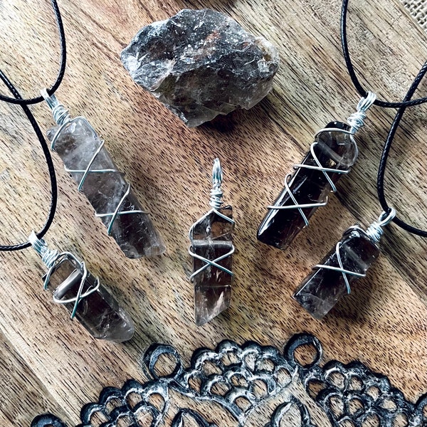 Smokey Quartz Necklace Wire Wrap Pendant Crystal Healing Gemstone PROTECTION