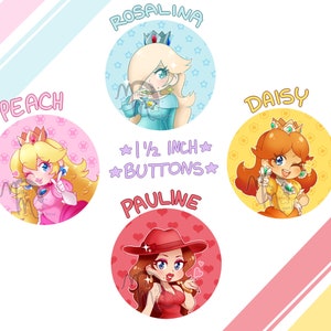 1.5" Princess Peach, Daisy, Rosalina and Pauline Buttons- Super Mario Princess Buttons