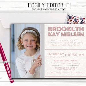May include: A white and pink baptism invitation with a photo of a young girl in a white dress. The invitation includes the name Brooklyn Kay Nielsen, the date and time of the baptism, and the location of the event. It also includes information about a luncheon after the baptism.