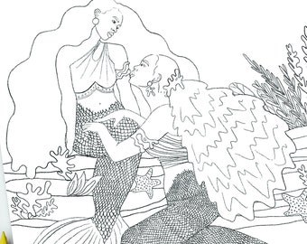 Páginas para colorear de sirenas imprimibles - Fantasía submarina - Encantadoras ilustraciones de sirenas - Amigas de sirenas - Sirenas negras