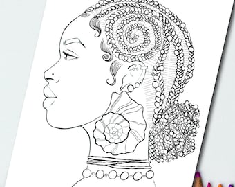 Páginas para colorear de sirena imprimibles Mujeres negras - Peinado de perla - Fantasía submarina - Arte de sirena encantadora - Retrato de sirena perla