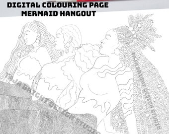 Páginas para colorear de sirena imprimibles Mujeres negras - Hangout de sirenas - Fantasía submarina - Sirena encantadora - Fantasía moderna - Pandilla de chicas - BFF