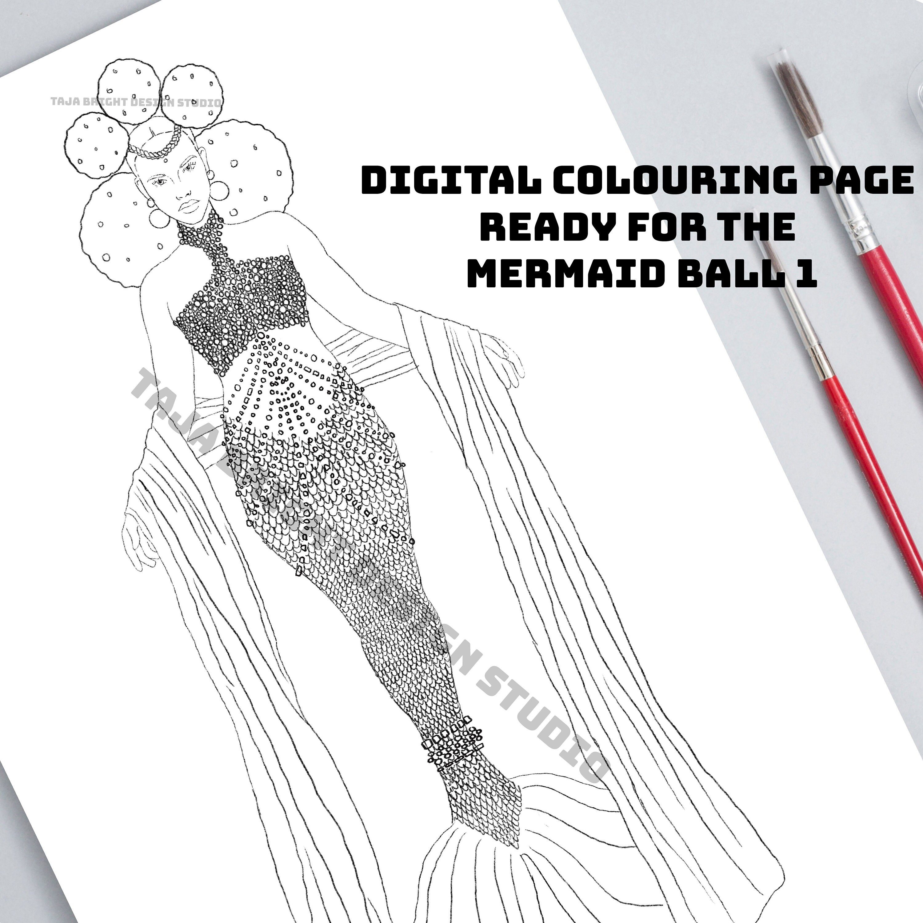 Páginas para colorear de sirena imprimibles Mujeres negras - Bola de sirena - Fantasía submarina - Sirena encantadora - Fantasía moderna - Arte conceptual