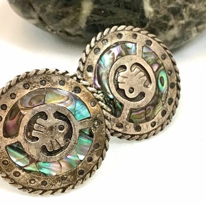 Vintage Mayan Mexican Silver and Abalone Earrings 1930s — Mayan Glyph Earrings Silver Abalone Inlay — Vintage Taxco  Screwback Clip