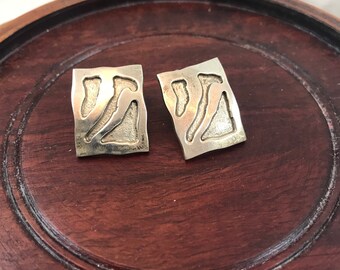 Vintage Modernist Sterling Artist Earrings Signed - Southwest Cast Silver Rectangular Earrings - Layered 925 Silver Sculptural Earrings 1988