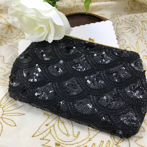 Vintage Deco Black Beaded Evening Bag Chain Clutch - Bags by Josef Hand Beaded in France 1930s 40s or 50s Jet Sequin & Bead Fish Scale Deco