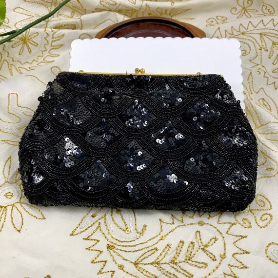 Vintage Deco Black Beaded Evening Bag Chain Clutc… - image 2