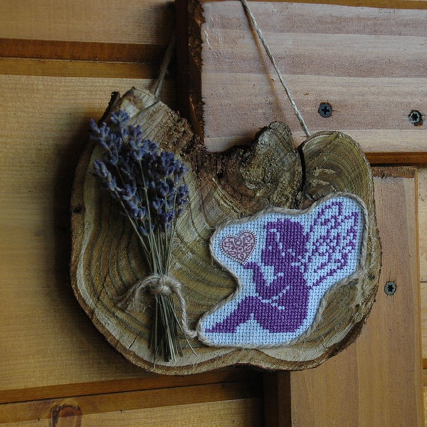 hanging ornament wooden lavender elf cross stitch dried lavender decoration Provence style rustic style cross stitch Kreuzstich