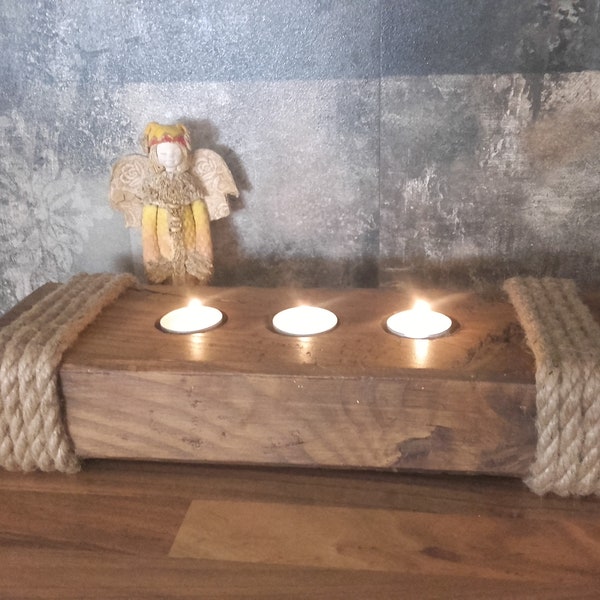 Chandelier en bois en corde de jute en bois cadeau ornement décoration photophore en bois chandelier Kerzenständer aus Holz