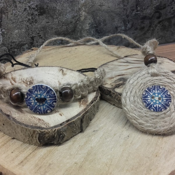 Biżuteria pleciona sznurek bransoletka naszyjnik makrama boho drewniane guziki koraliki handmade