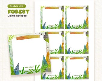 Könnte beinhalten: Ein digitales Notizbuch mit Waldthema. Das Notizbuch hat ein Aquarelldesign mit grünen, blauen und orangefarbenen Blättern und einem rechteckigen Rahmen. Der Text "Ready to print! FOREST Digital notepad" wird oben links angezeigt.