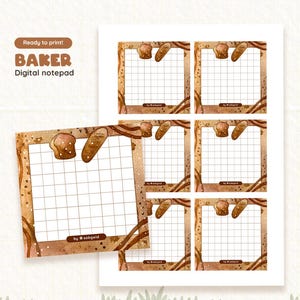 May include: Digital notepad with a watercolor design. The notepad features a grid layout with a brown border and bread illustrations. The text "Ready to print! BAKER Digital notepad" is visible.