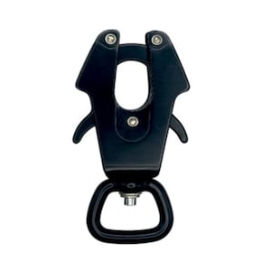 May include: A black metal swivel snap hook with a spring-loaded gate and a rotating eye. The hook has a matte finish and is designed for attaching to a variety of items. The overall length is approximately 3 inches.